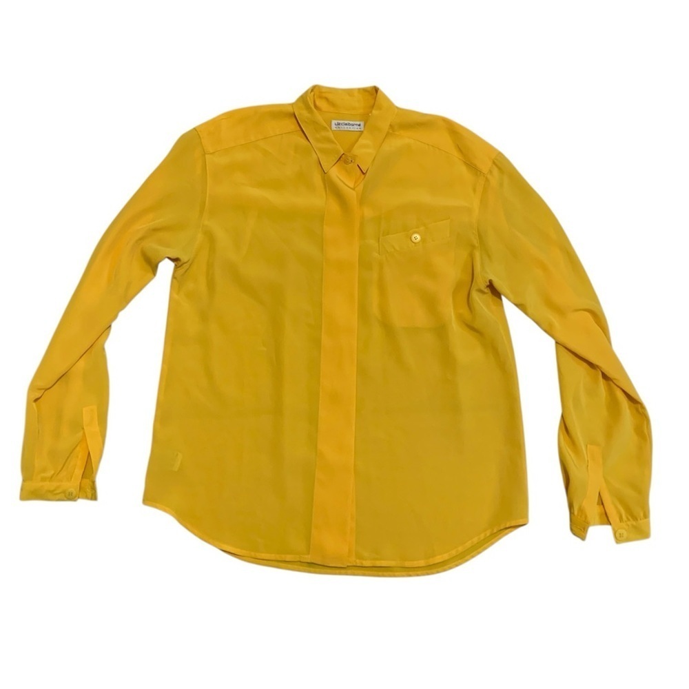 Vintage 80s Liz Claiborne Yellow Silky Blouse Button Down Shirt Size 6